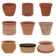 Vector Collection Of Clay Pots For House Plants. Collection Of Different Textured Terracota Pots. Stylish Flat Elements For Your Desing Isolated On White Background.