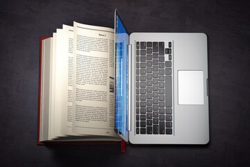 Poster - Online library or E-learning concept. Open laptop and book compilation.