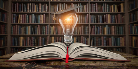 Poster - Education, knowledge and innovation concept background. Light bulb with mortar board on open book in vintage library.