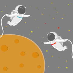 Two cute astronauts are floating in space surrounded by star over the moon 