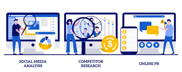 Poster - Social media analysis, competitor research, online PR concept with tiny people. Product advertising strategy development vector illustration set. SMM analytics, audience segmentation metaphor