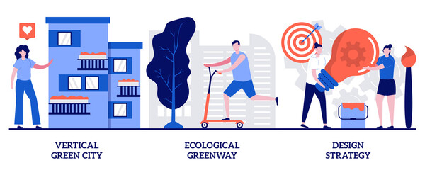 Poster - vertical green city, ecological greenway, design strategy concept with tiny people. environmental ur