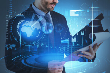 Poster - Businessman with clipboard, digital interface with globe and financial icons