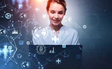 Poster - Smiling attractive businesswoman with laptop, blue glowing information protection icons. Padlock and business data symbols. Concept of cyber security and data storage