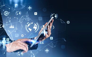 Poster - Businesswoman in black suit holding tablet in hands, double exposure of cloud service, internet connection icons. Concept of data storage and protection of information