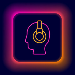 Poster - Glowing neon line Man with a headset icon isolated on black background. Support operator in touch. Concept for call center, client support service. Colorful outline concept. Vector