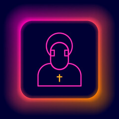 Sticker - Glowing neon line Monk icon isolated on black background. Colorful outline concept. Vector