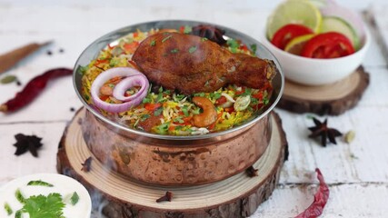 Poster - Chicken biryani Spicy Indian Malabar biryani Hyderabadi biryani, steam Dum Biriyani pulao 4K slow motion video footage Kerala India Sri Lanka basmati rice mixed rice dish meat curry for Ramadan , Eid