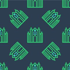 Line Milan Cathedral or Duomo di Milano icon isolated seamless pattern on blue background. Famous landmark of Milan, Italy. Vector