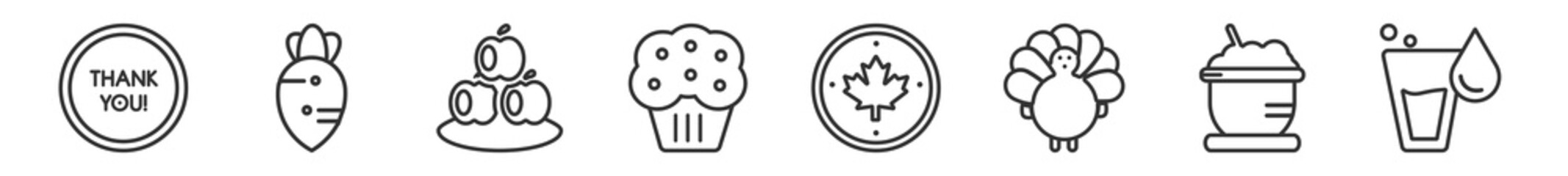 outline set of thanksgiving line icons. linear vector icons such as thank you, beet, apples, muffin, canada, glass of water. vector illustration.