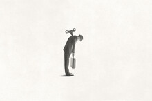 Illustration Of Powerless Robotic Man With Windup Key On His Back, Surreal Concept