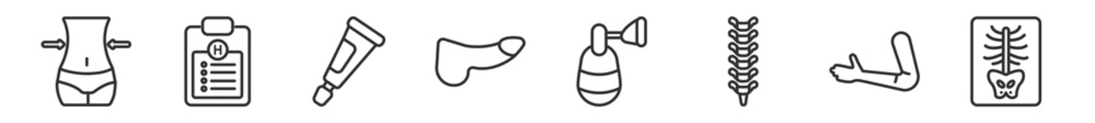 outline set of medical line icons. linear vector icons such as fit, notepad, ointment, penis, anesthesia, x ray. vector illustration.