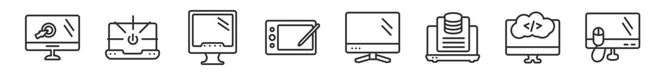 Poster - outline set of computer line icons. linear vector icons such as monitor with mouse cursor, open laptop with shining screen, monitor screen, tablet tool, computer monitor, and computer mouse. vector