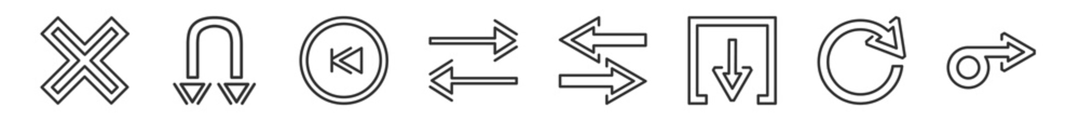 Poster - outline set of arrows line icons. linear vector icons such as multiply, double curve arrow, backward arrow, horizontal arrows, transfer, loop arrows. vector illustration.