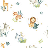 Fototapeta Dziecięca - Safari Animals Watercolor Baby Nursery Seamless Pattern White