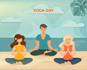 Wall Mural - Young people in lotus position on the beach. They do yoga and meditate. Healthy lifestyle, yoga, sports and recreation at sea, ocean. Bright flat vector, cartoon. with girls and a guy at the resort.