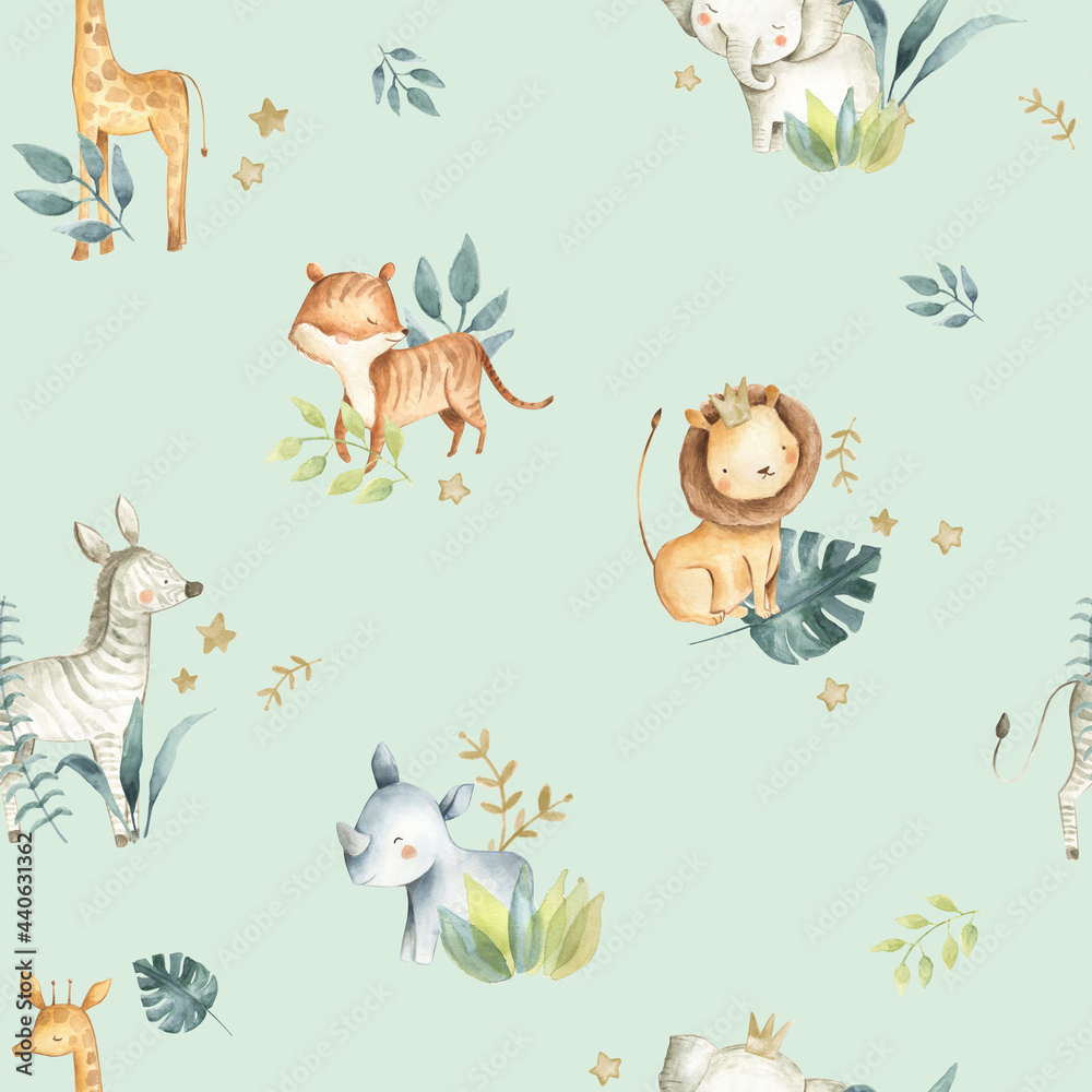 Safari Animals Watercolor Baby Nursery Seamless Pattern Green Stock ...