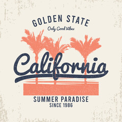 Wall Mural - California t-shirt design with palm trees, grunge and slogan. Typography graphics for vintage tee shirt. California apparel print. Vector illustration.