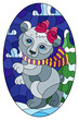 Stained glass illustration with a  cute cartoon polar bear against a winter landscape, oval  image 
