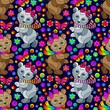 Seamless pattern with cute bears, butterflies and flowers, colorful animals on a dark world