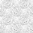 Seamless pattern with cute outline bears, butterflies and flowers, contour animals on a dark world