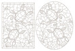 A set of contour illustrations in the style of stained glass with cute cartoon turtles, dark outlines on a white background