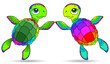 A set of illustrations in the style of stained glass with cute cartoon turtles, animals isolated on a white background