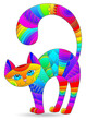 A stained glass-style illustration with a bright rainbow cat, an animal isolated on a white background
