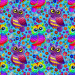 Seamless pattern with a cute bright owls, flowers and clouds on a blue sky background