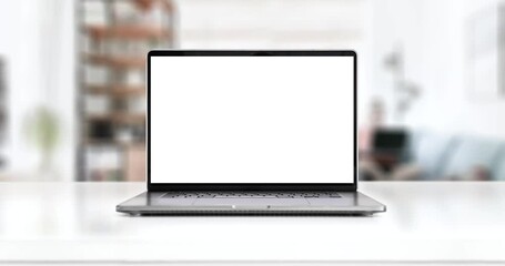 Poster - Laptop computer with blank screen on white desk – smooth zoom in, 4K 60fps UHD – office interior background
