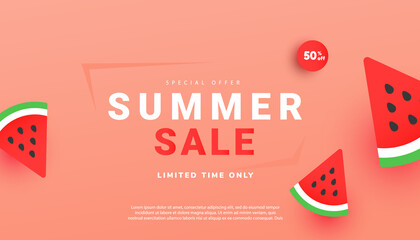 Wall Mural - Summer sale vector illustration with ripe watermelon slices pattern background. Promotion banner for website, flyer and poster. Vector illustration