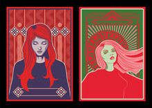 Beauty Young Women Portraits, Psychedelic Colors, Art Deco Backgrounds, Vintage Posters Stylization 