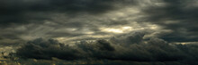 Wide Panoramic View Of A Gloomy Dramatic Sky With Dense Cumulus Clouds