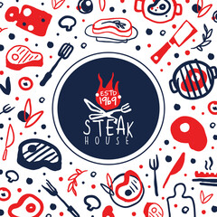 Sticker - Steak House Banner Template with Meat Products Seamless Pattern Vector Illustration