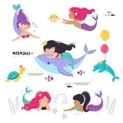 Sticker - Mermaid and Sea Animals Floating Underwater Vector Set