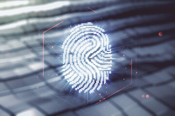 Fototapete - Double exposure of virtual creative fingerprint hologram on blurry metal background, research and development concept