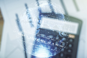 Poster - Multi exposure of abstract graphic coding sketch and world map on blurry calculator and papers background, big data and networking concept
