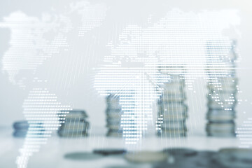 Poster - Double exposure of abstract digital world map on growing stacks of coins background, research and strategy concept