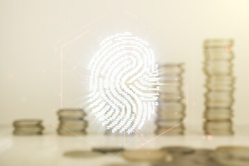Aufkleber - Double exposure of virtual creative fingerprint hologram on growing coins stacks background, protection of personal information concept