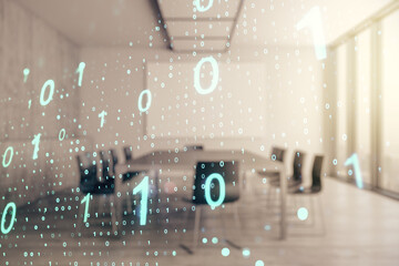 Poster - Abstract virtual binary code sketch on a modern boardroom background, hacking and matrix concept. Multiexposure