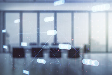Poster - Multi exposure of abstract programming language hologram on a modern furnished office interior background, artificial intelligence and machine learning concept