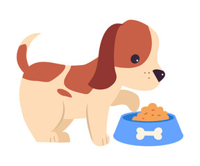 Wall Mural - Cute Puppy Dog Eating from Bowl, Adorable Pet Animal with White and Brown Coat Cartoon Vector Illustration