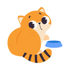 Sticker - Cute Red Kitten Eating from Bowl, Adorable Funny Pet Baby Animal Cartoon Vector Illustration