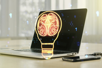 Poster - Creative light bulb illustration with human brain on modern computer background, future technology concept. Multiexposure