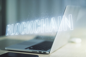 Poster - Creative abstract blockchain technology hologram on modern computer background, cryptography and decentralization concept. Multi exposure