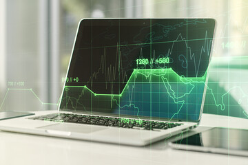 Poster - Multi exposure of stats data illustration on modern laptop background, computing and analytics concept