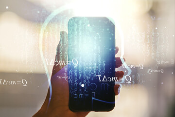 Poster - Creative artificial Intelligence concept with human head sketch and hand with mobile phone on background. Double exposure