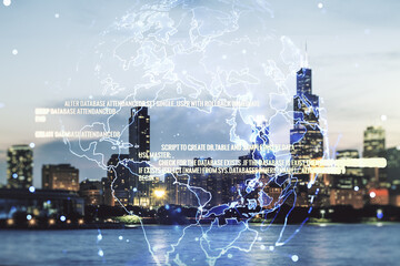 Poster - Abstract virtual coding concept and world map hologram on Chicago skyline background. Multiexposure