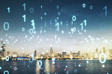 Poster - Abstract virtual binary code illustration on Chicago skyline background. Big data and coding concept. Multiexposure
