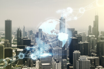 Aufkleber - Abstract virtual robotics technology sketch with globe on Chicago office buildings background, future technology and AI concept. Double exposure